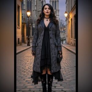 Nine West Whimsy Goth Floral Brocade Coat Jacket Black Velvet Flocked Vampire